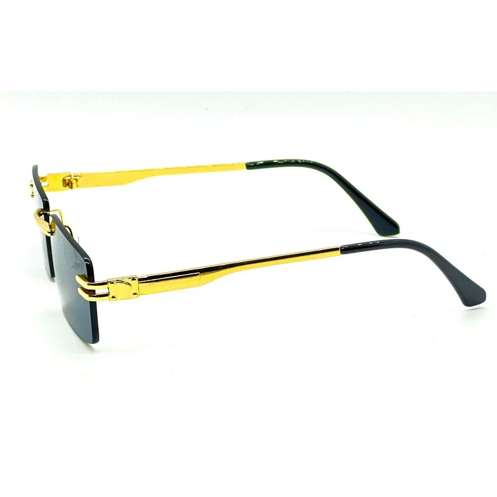 Men's Vintage Rimless Dark Black‎ Tint Gold Frame Woodgrain Hip Hop Sunglasses